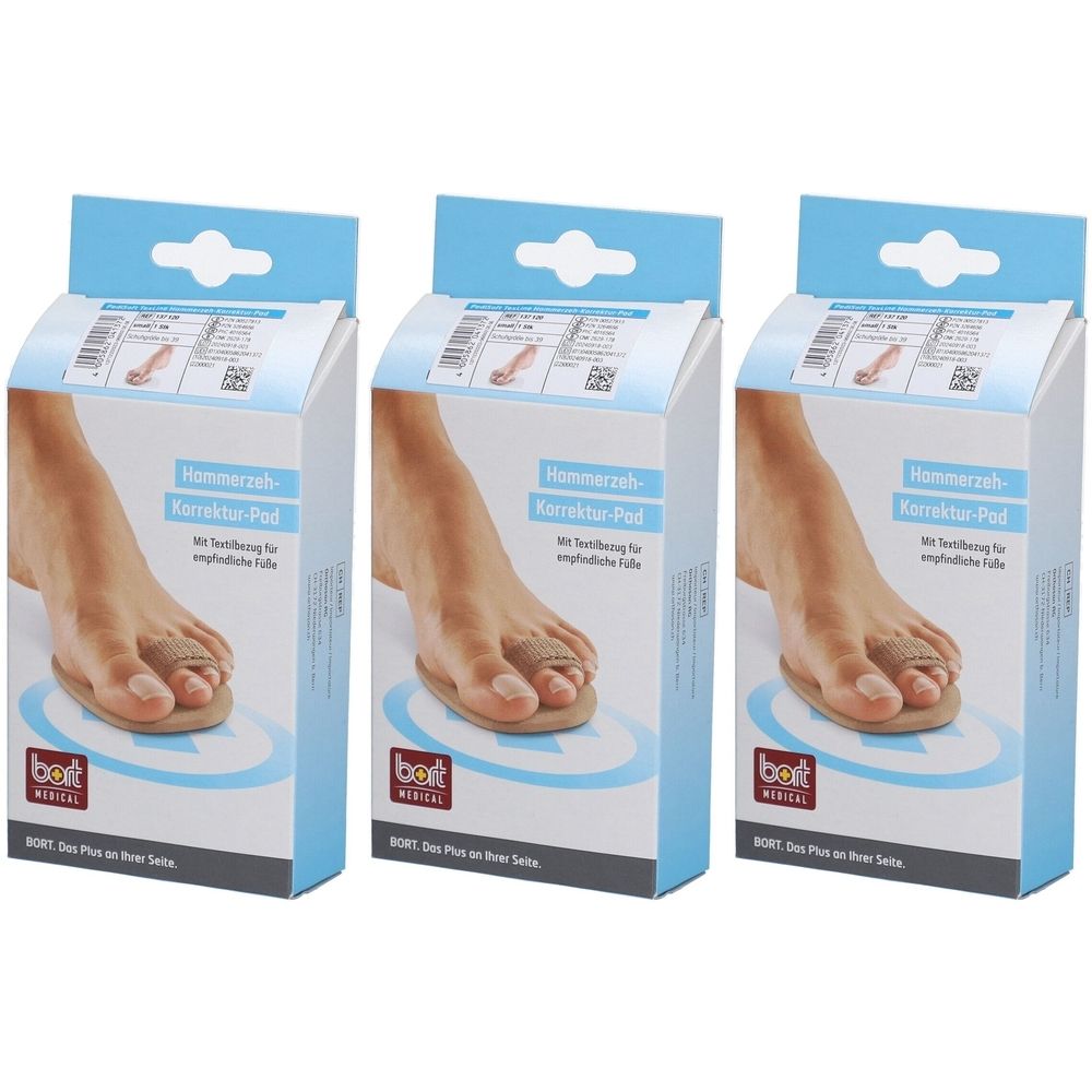 Trois boîtes de produit. Chaque boîte montre un pied avec un coussinet correcteur d'orteils en marteau. Le texte "bort medical" est visible.
