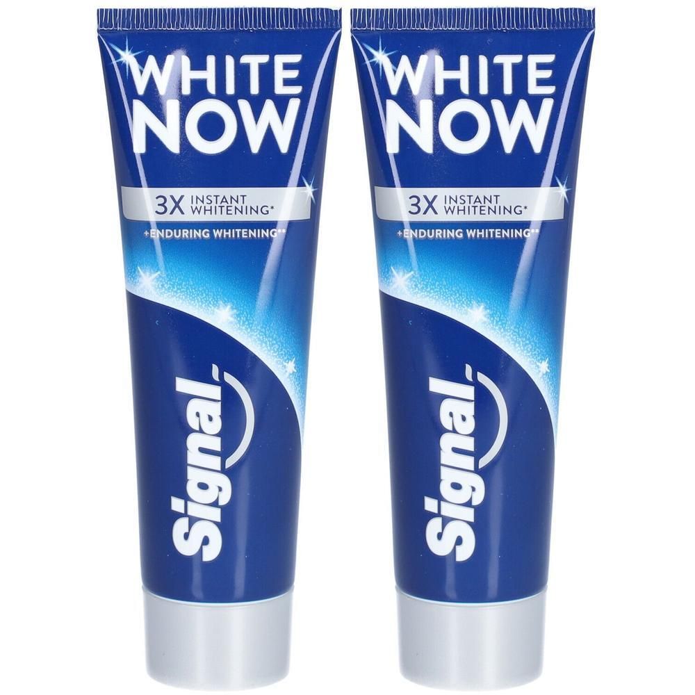 Deux tubes de dentifrice bleu et blanc avec l'inscription WHITE NOW et Signal. 3X Blanchiment instantané.