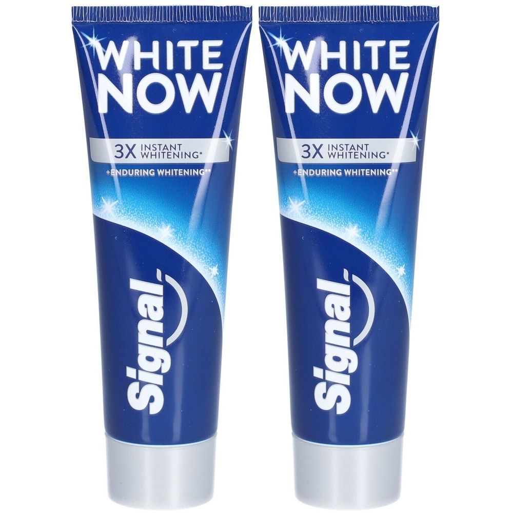 Zwei blaue Tuben mit weißer Schrift. Aufschrift: WHITE NOW, 3X Instant Whitening, Signal. Weiße Zahnpasta.