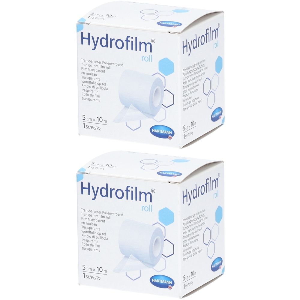Zwei Kartons Hydrofilm Rolle. Aufdruck: 5 cm x 10 m. Marke HARTMANN. Transparenter Folienverband. Rolle mit Folie sichtbar.