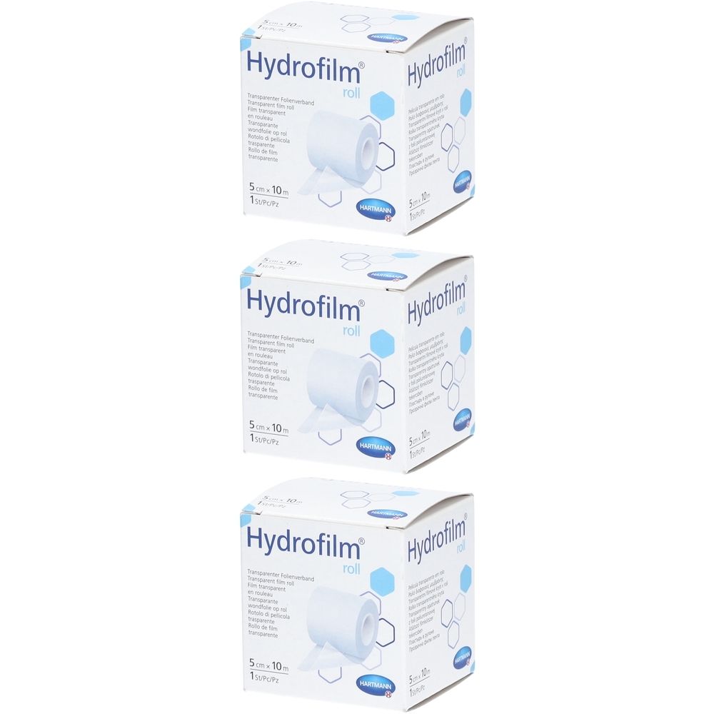Drei Kartons mit "Hydrofilm"-Rolle. Aufdrucke: "5 cm x 10 m". Weiße Verpackung mit blauen Akzenten und Produktnamen.