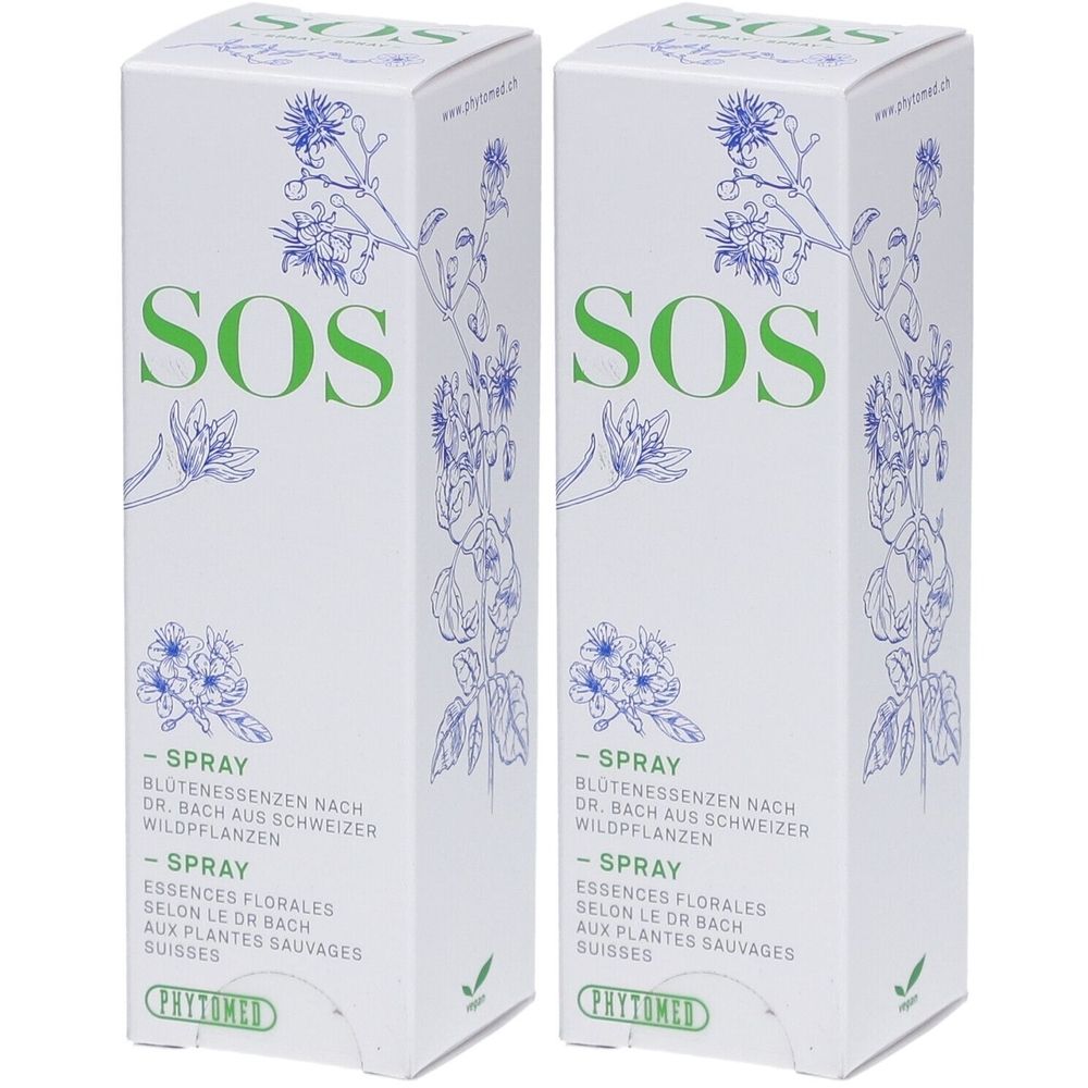 Zwei weiße Kartons mit grüner Aufschrift SOS und floralen Illustrationen. Text: Blütenessenzen, Spray, Phytomed.