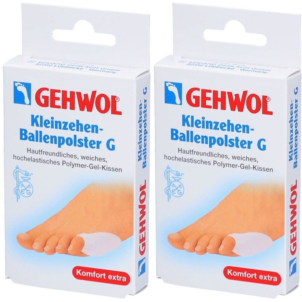 Zwei Kartons mit GEHWOL Kleinzehen-Ballenpolster G. Aufdrucke: Produktname, Fußabbildung, Komfort extra. Weiches, hochelastisches Polymer-Gel-Kissen.