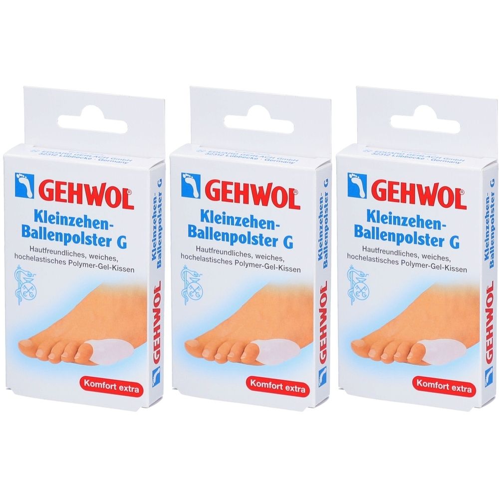 Drei Packungen GEHWOL Kleinzehen-Ballenpolster G. Weiße Kartons mit Produktabbildung und Text. Komfort extra.