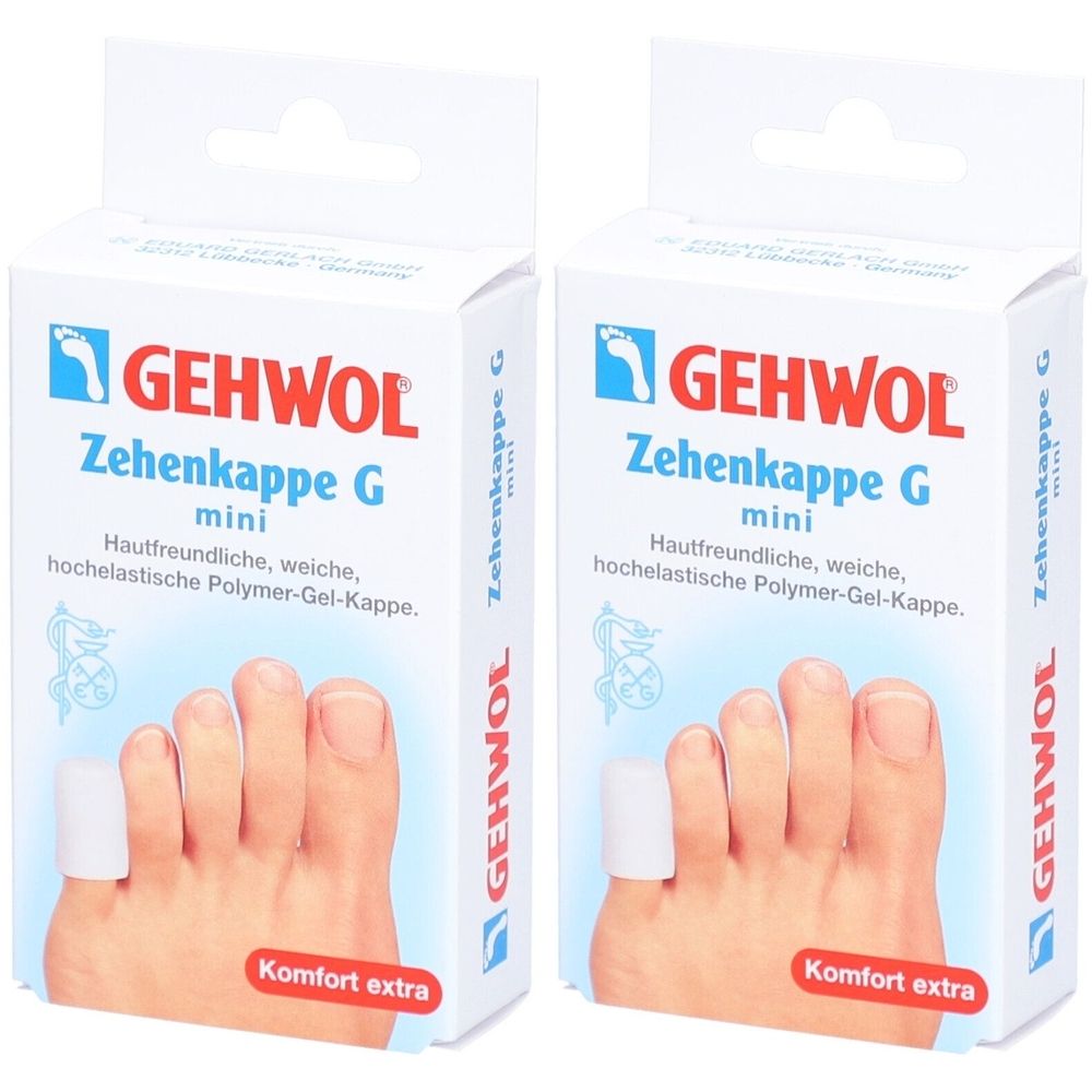 Zwei Schachteln mit GEHWOL Zehenkappe G mini. Auf jeder Schachtel ist ein Fuß mit Zehenkappen abgebildet. Text: Komfort extra.
