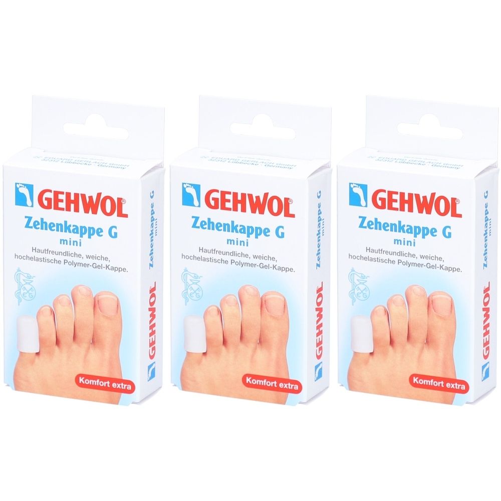 Drei Schachteln mit GEHWOL Zehenkappe G mini. Jede Schachtel zeigt einen Fuß mit einem Zehenschutz. Aufschrift: Komfort extra.