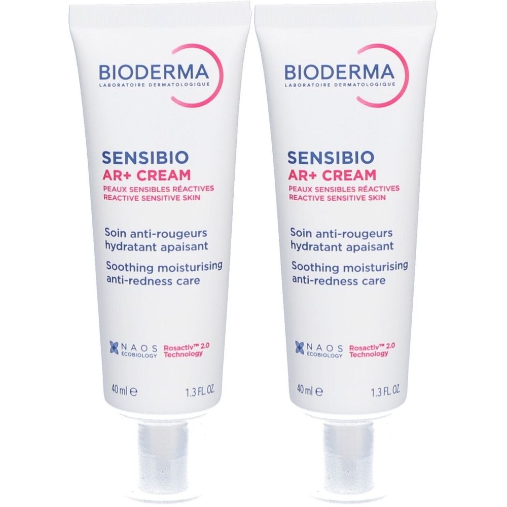 Zwei Tuben Creme. Aufschrift: BIODERMA, Sensibio AR+ Cream. Für empfindliche, reaktive Haut. Mit Text in Französisch und Englisch. 40 ml.