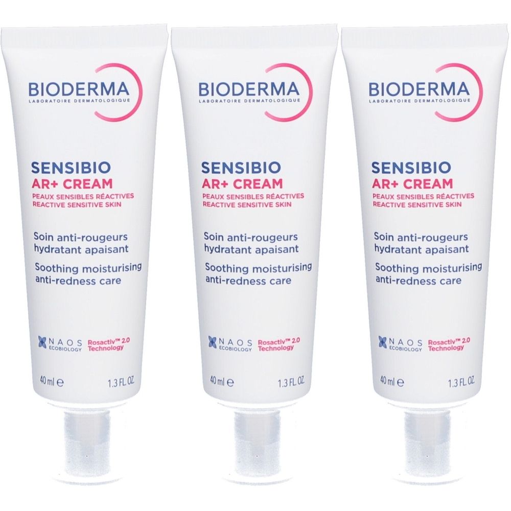 Drei Tuben Bioderma Sensibio AR+ Creme. Weiße Tuben mit roter Schrift. Text: Sensibio AR+ Cream, Soin anti-rougeurs, 40 ml.