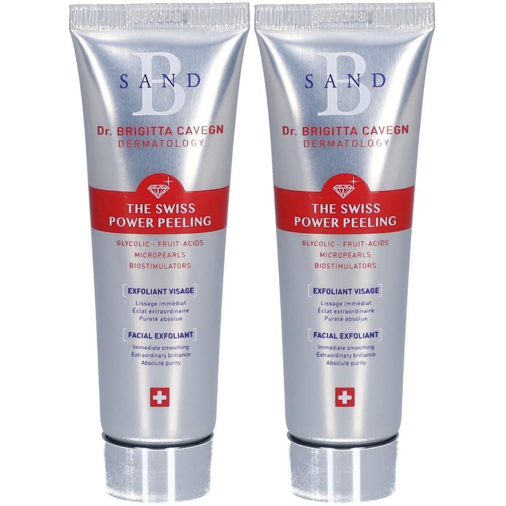 Deux tubes argentés. Inscription: B SAND, Dr. Brigitta Cavegn, The Swiss Power Peeling, Exfoliant Visage.