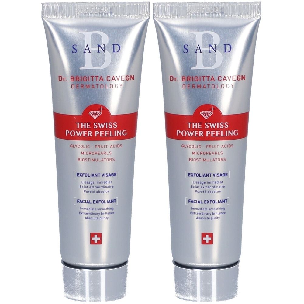 Deux tubes argentés. Inscription: B SAND, Dr. Brigitta Cavegn, The Swiss Power Peeling, Exfoliant Visage. Logo croix suisse.