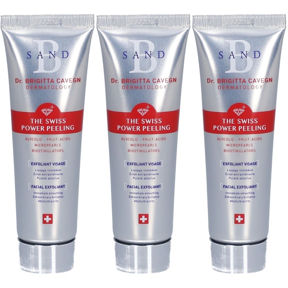 Trois tubes argentés avec une bande rouge. Inscription: THE SWISS POWER PEELING, EXFOLIANT VISAGE, FACIAL EXFOLIANT. Logo croix suisse.