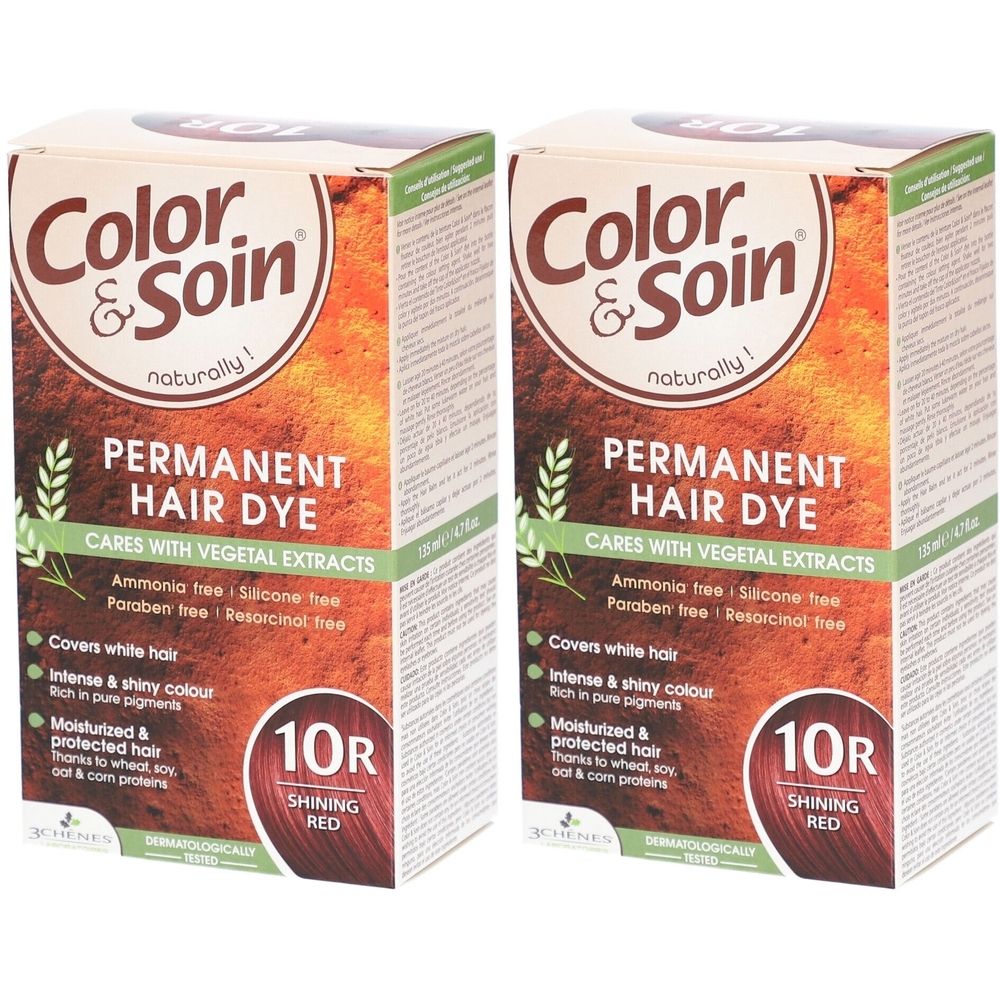 Zwei Packungen Color&Soin Haarfarbe. Aufschrift: Permanent Hair Dye, 10R Shining Red. Enthält pflanzliche Extrakte.