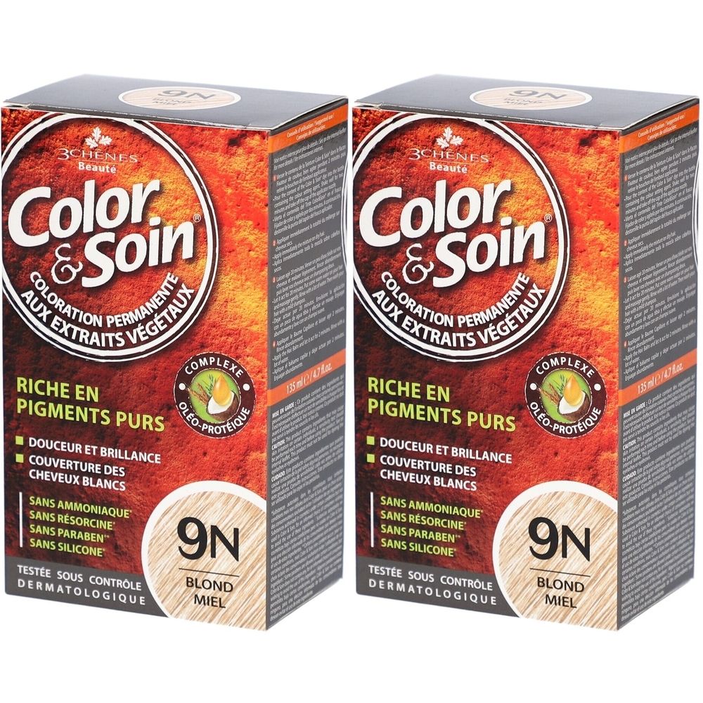 Zwei Kartons Haarfarbe. Aufschrift: Color & Soin, 9N Blond Miel. Mit Pflanzenextrakten, ohne Ammoniak, Resorcin, Parabene und Silikon.