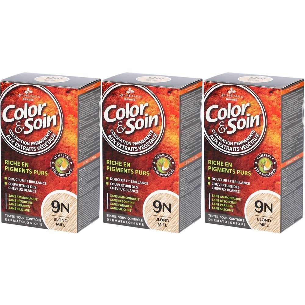 Drei Schachteln Color & Soin Haarfarbe. Auf jeder Schachtel steht 9N Blond Miel. Die Verpackung hat eine orange-braune Farbe.