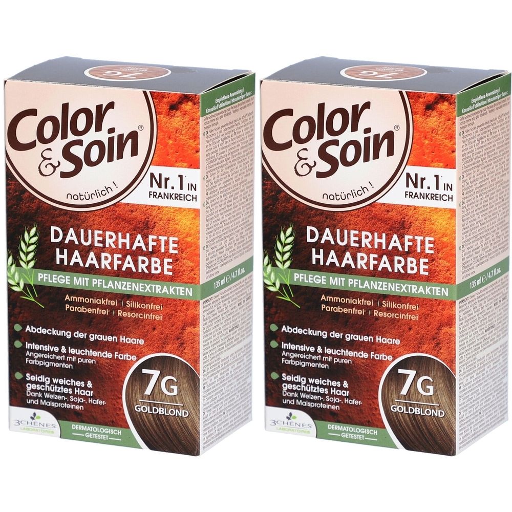 Zwei Kartons Color & Soin® Dauerhafte Haarfarbe 7G Goldblond. Aufschrift: Nr. 1 in Frankreich. Enthält Pflanzenextrakte.