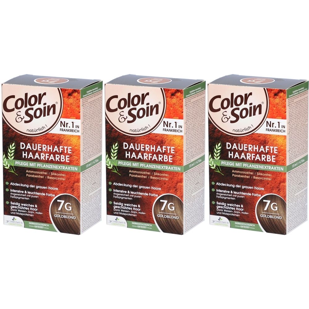 Drei Schachteln Color & Soin® Haarfarbe. Aufschrift: Dauerhafte Haarfarbe, 7G Goldblond. Pflanzliche Extrakte. Nr. 1 in Frankreich.