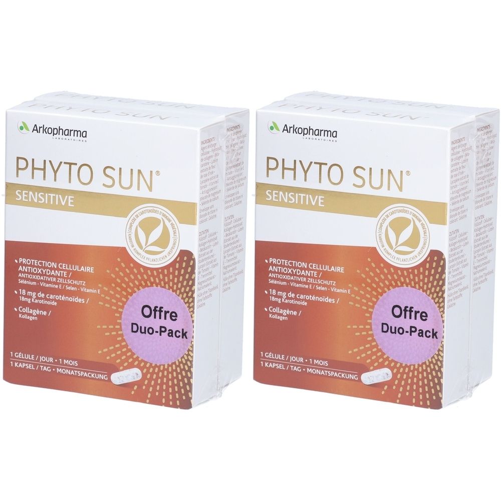 Zwei weiße Kartons mit "PHYTO SUN SENSITIVE"-Aufdruck. Aufschrift "Offre Duo-Pack".