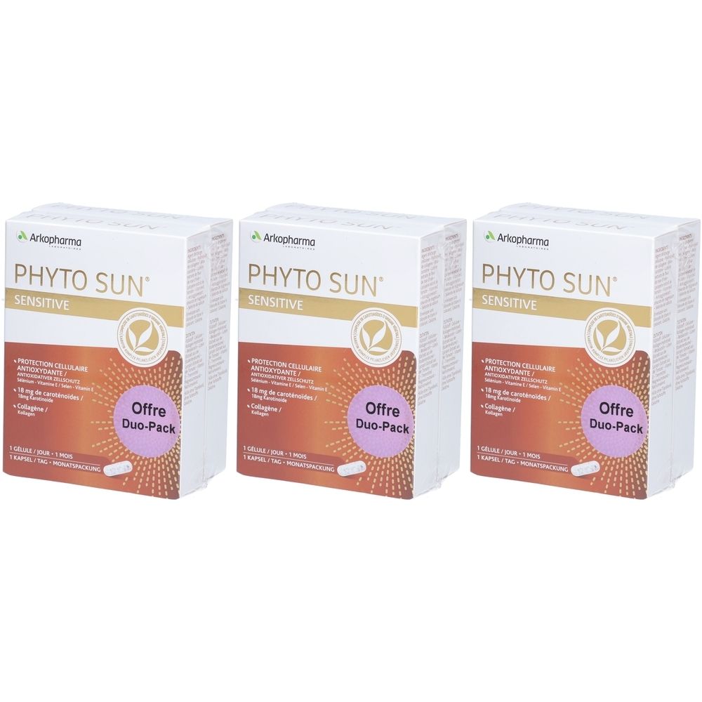 Drei weiße Kartons mit der Aufschrift PHYTO SUN SENSITIVE. Auf jedem Karton steht "Offre Duo-Pack".