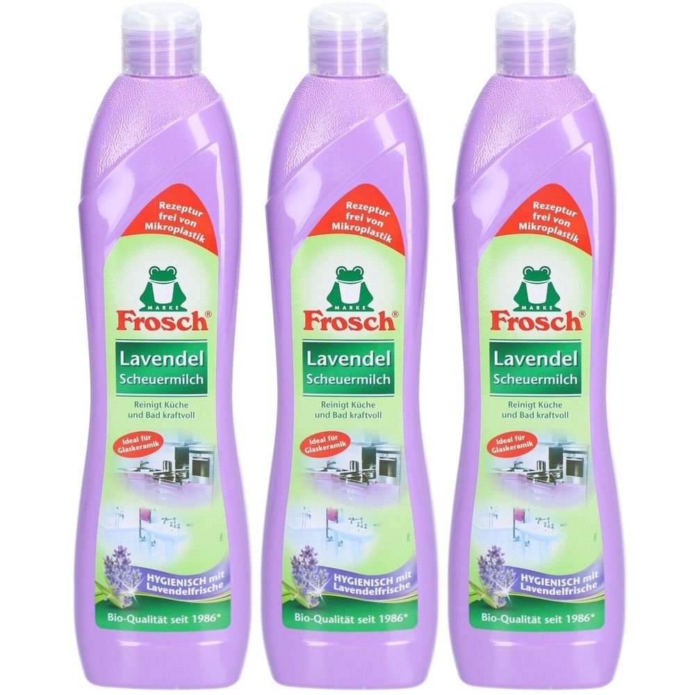 Drei Flaschen mit lila Flüssigkeit. Auf jeder Flasche steht "Frosch Lavendel Scheuermilch".