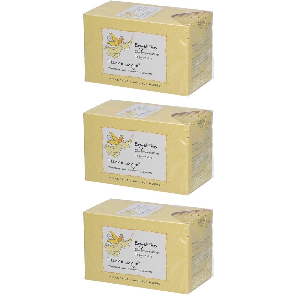 Drei gelbe Kartons mit Produktaufdruck. Aufschrift: Engel-Tee, Tisane, argo, Sorte du tisane aux herbes. Abbildung eines Engels.