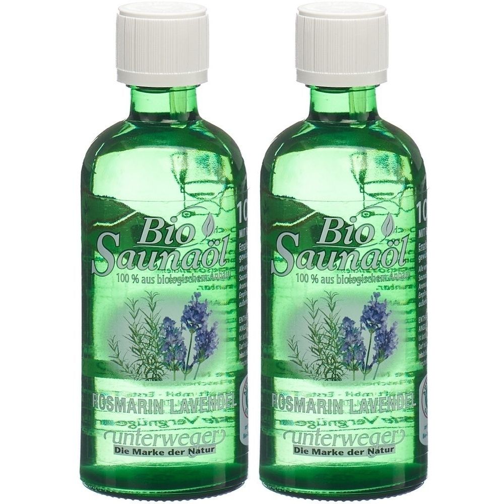 Zwei grüne Glasflaschen mit weißem Deckel. Aufschrift: Bio Saunaöl Rosmarin Lavendel. Marke: unterweger.