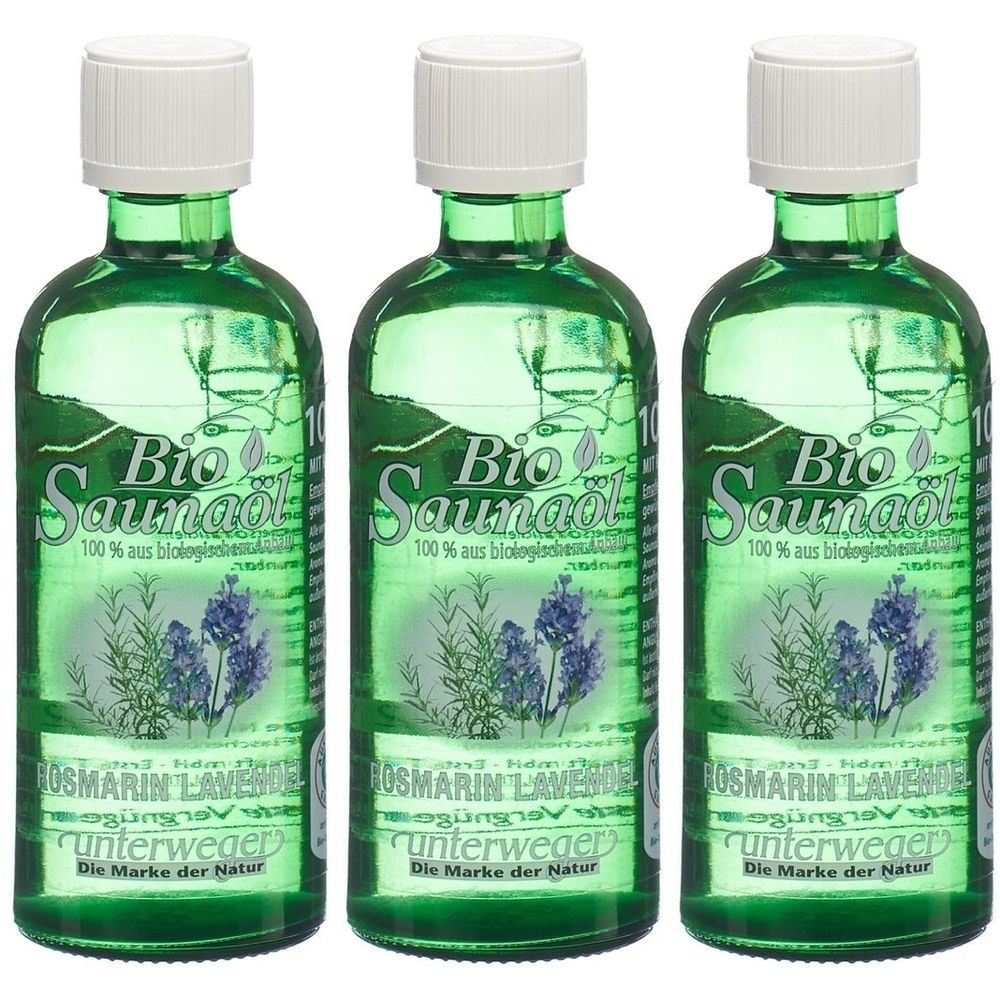 Drei grüne Flaschen mit weißem Verschluss. Aufschrift: Bio Saunaöl, Rosmarin Lavendel, unterweger. Abbildung von Kräutern.