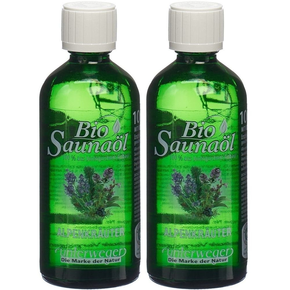 Zwei grüne Flaschen mit weißem Deckel. Aufschrift: Bio Saunaöl Alpenkräuter. Marke Unterweger. Die Marke der Natur.
