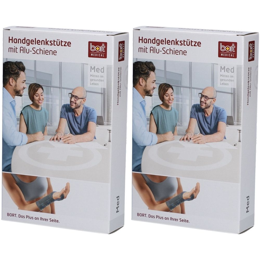Emballage de support de poignet avec attelle en aluminium. Marque BORT. Inscription : Med. Illustration d'une personne portant le support.