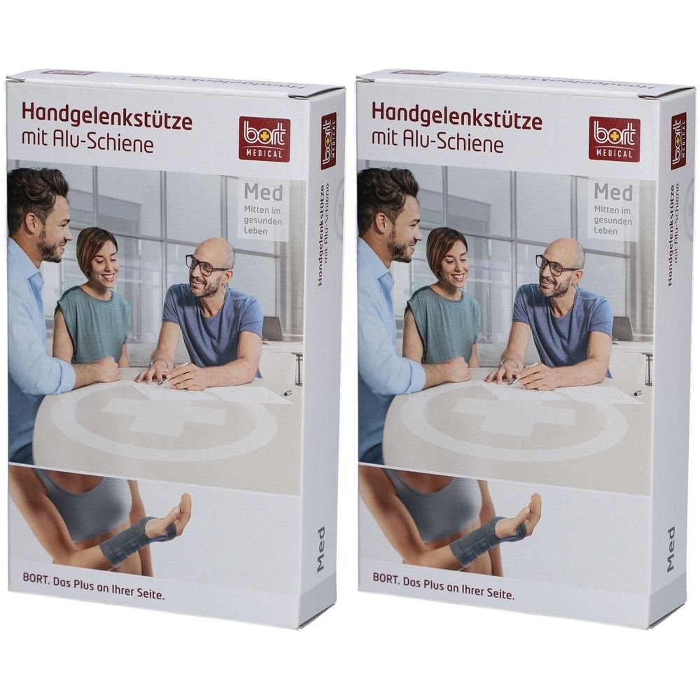 Verpackung der Handgelenkstütze mit Alu-Schiene. Aufdruck: BORT MEDICAL, Produktname, Abbildung einer Handgelenkstütze.