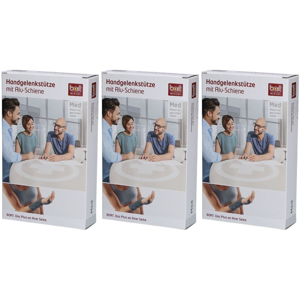 Trois boîtes de produit. Inscription: Handgelenkstütze mit Alu-Schiene. Marque: bort. Illustration d'une attelle de poignet.