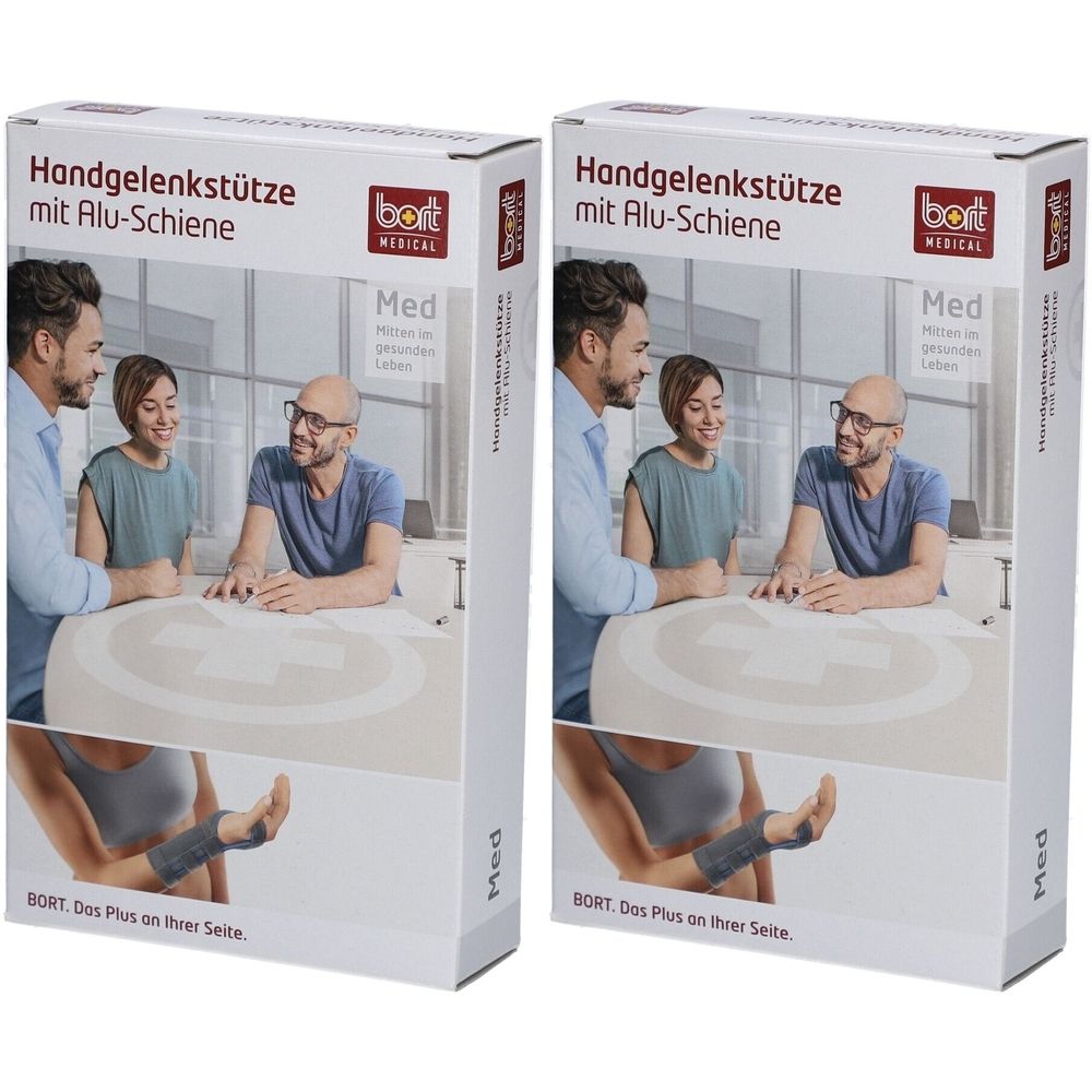 Verpackung mit Handgelenkstütze mit Alu-Schiene. Aufschrift: BORT MEDICAL. Abbildung einer Handgelenkstütze. Aufschrift: Med.