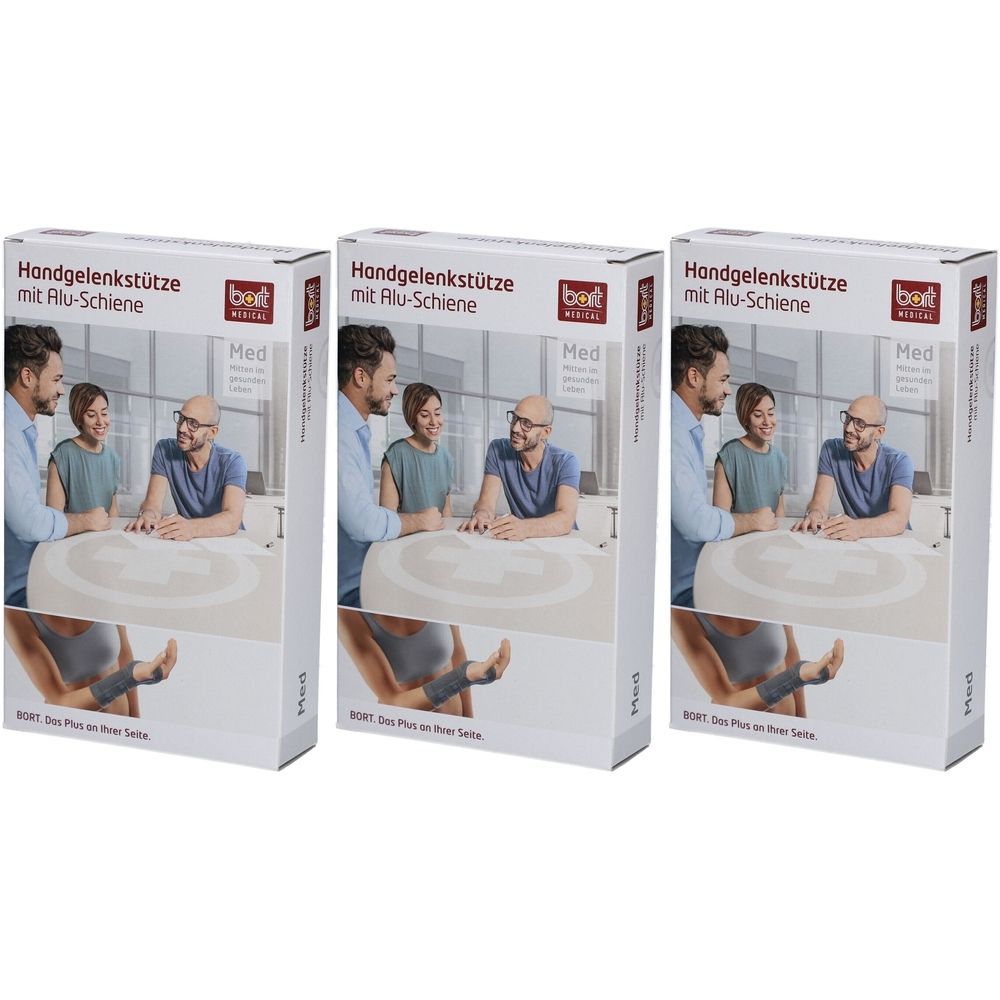 Drei Produktverpackungen. Aufdruck: Handgelenkstütze mit Alu-Schiene, BORT Medical. Abbildung: Handgelenkstütze am Arm.