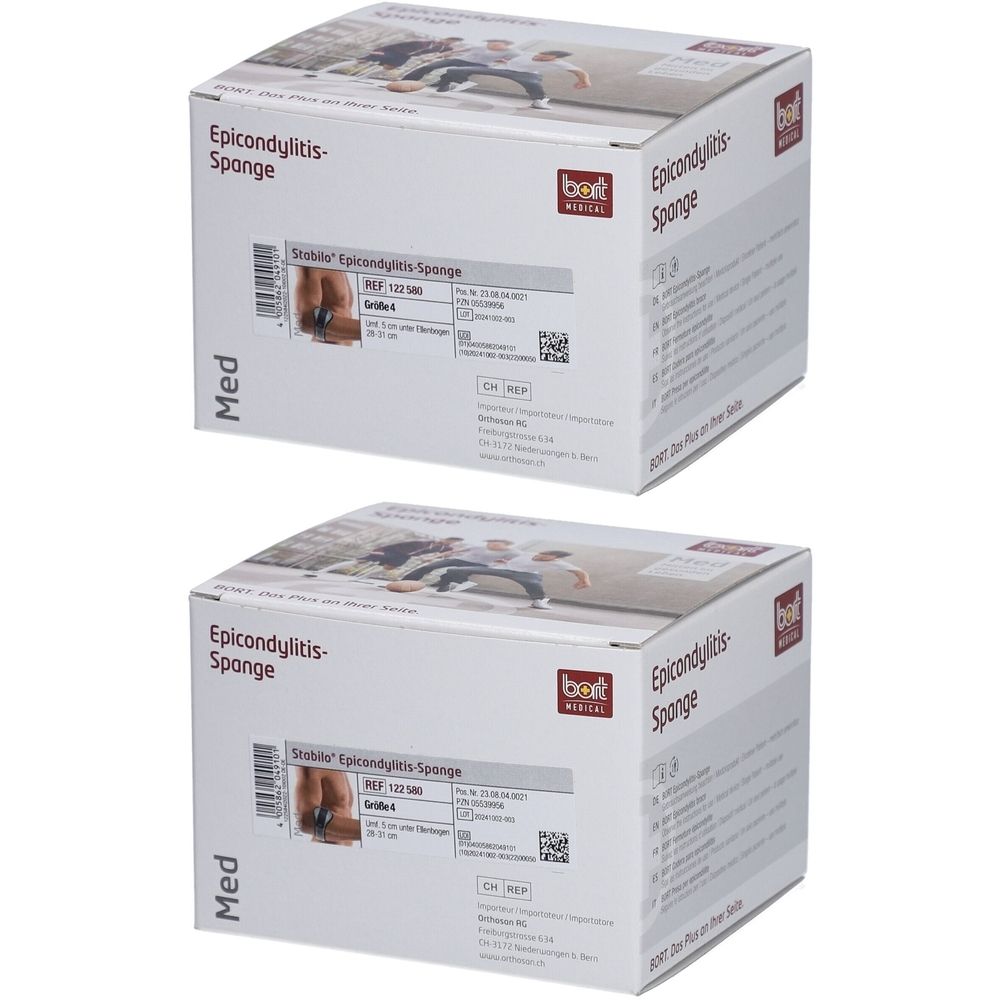 Deux boîtes blanches avec informations produit. Inscription: Epicondylitis-Spange. Marque: bort medical. Taille 4.