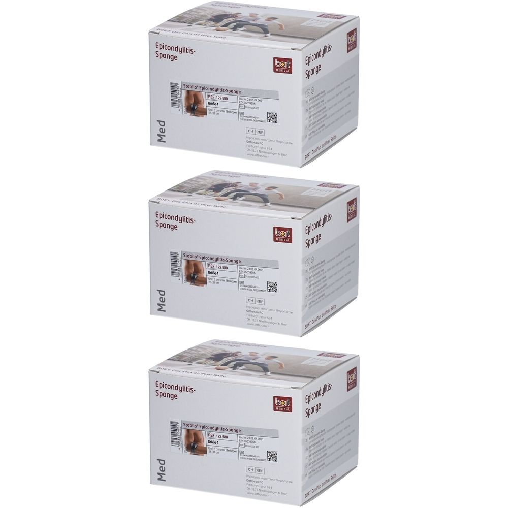 Trois boîtes blanches. Impression : attelle pour épicondylite, logo BORT, image du produit, informations. Inscription : Med.