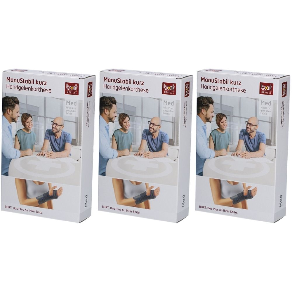 Drei Produktverpackungen. Auf jeder Verpackung ist eine Handgelenkorthese abgebildet. Der Schriftzug "ManuStabil kurz Handgelenkorthese" ist zu sehen.