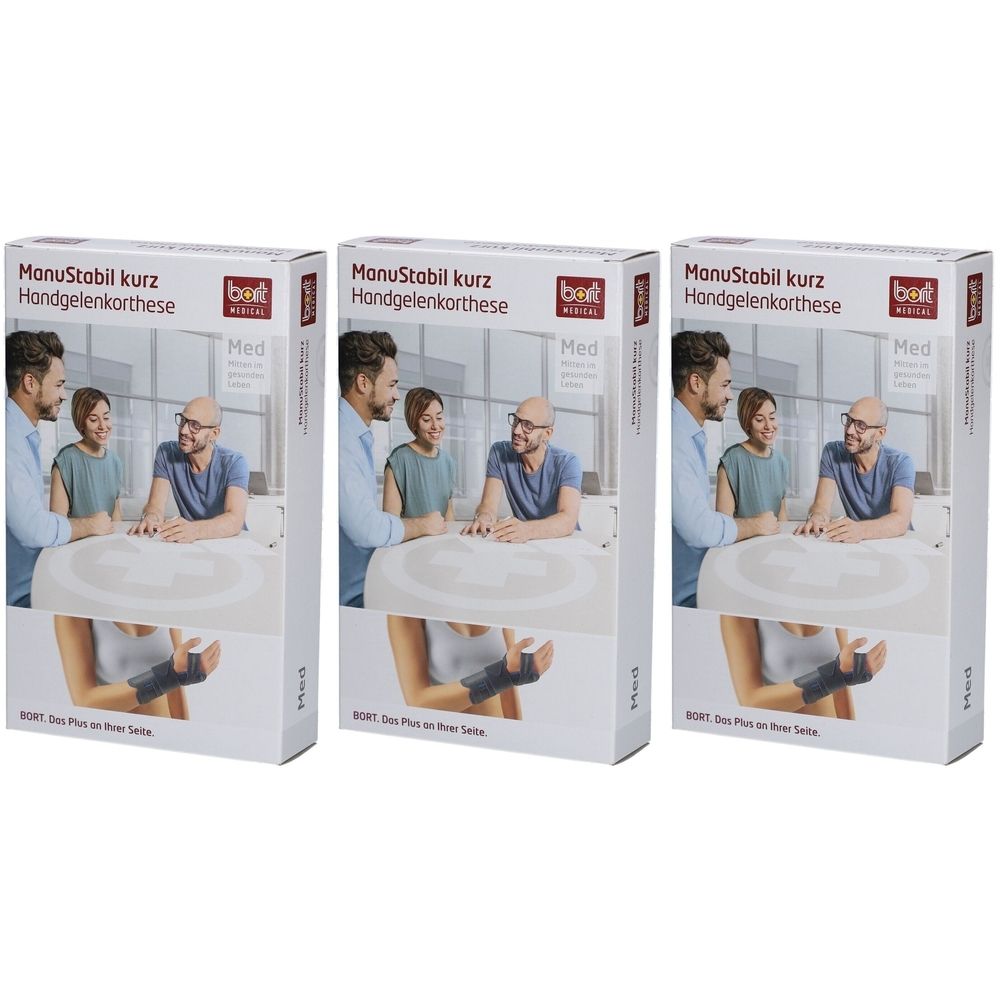 Trois boîtes d'orthèse de poignet. Impression : ManuStabil kurz, Handgelenkorthese, Med. Illustration d'une attelle de poignet.