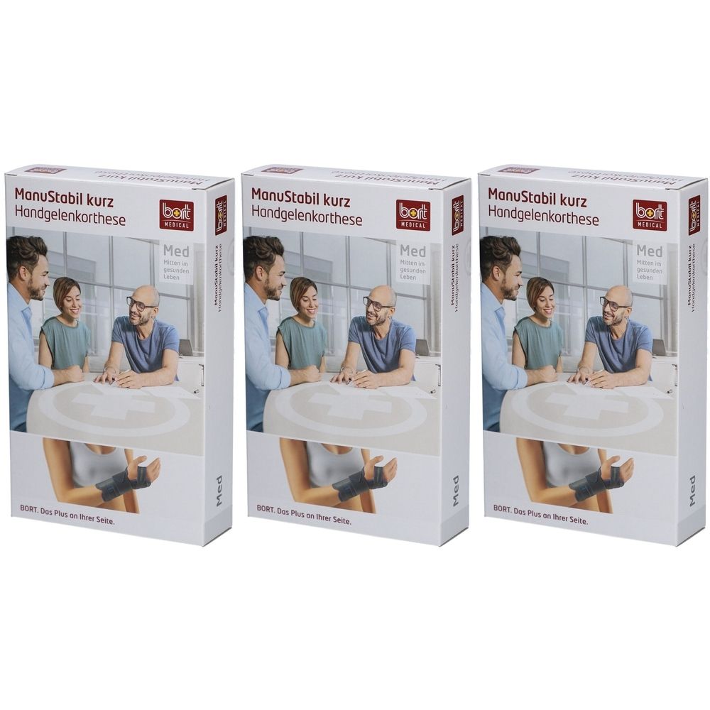 Trois boîtes de produit. Inscription: ManuStabil kurz Handgelenkorthese. Marque: bort medical. Illustration d'une attelle de poignet.