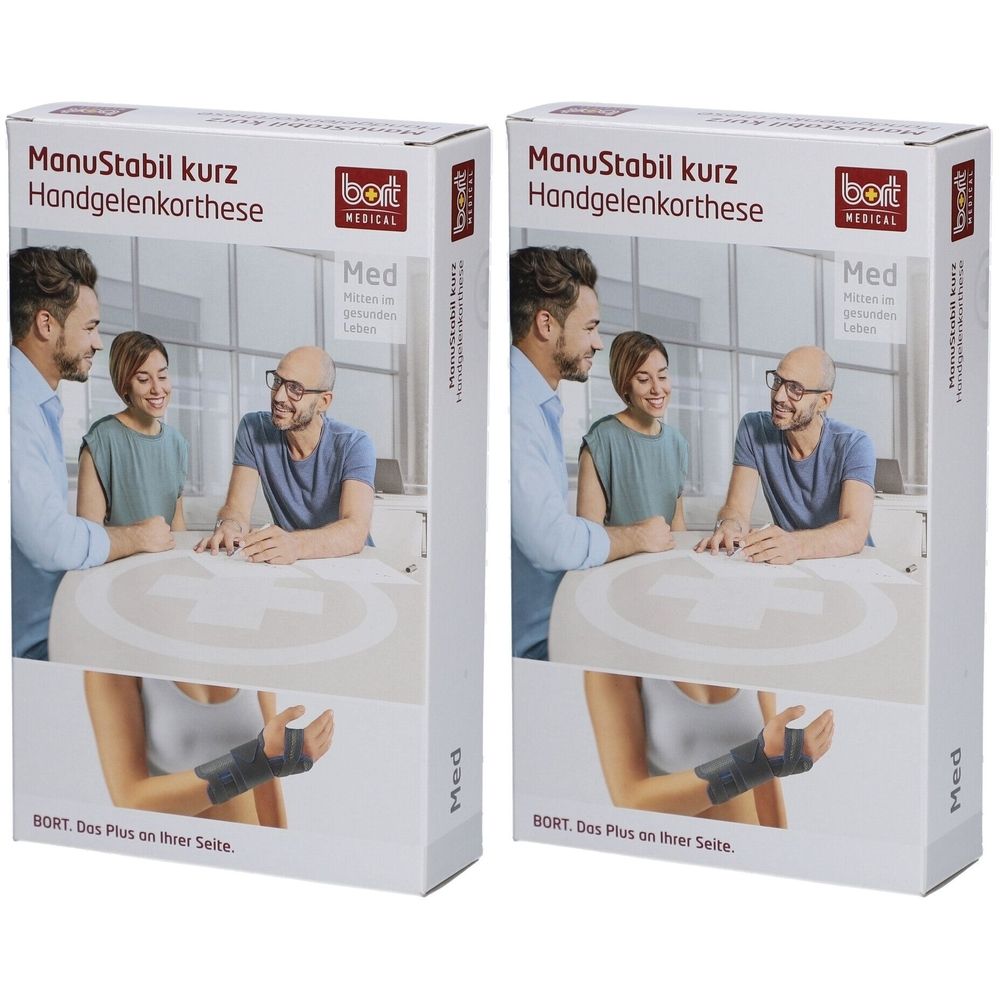 Zwei Produktverpackungen. Aufdruck: ManuStabil kurz, Handgelenkorthese, bort medical. Abbildung: Handgelenkbandage. Größe Med.