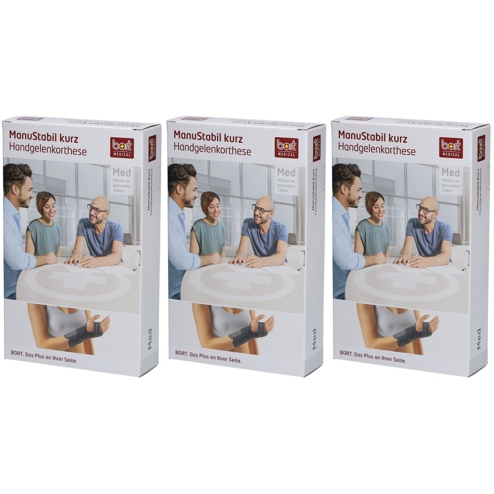 Drei Verpackungen der Handgelenkorthese. Aufdruck: ManuStabil kurz, Handgelenkorthese, Marke Bort. Abbildung einer Handgelenkbandage.
