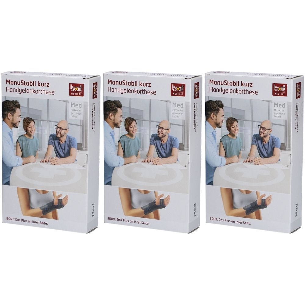 Trois boîtes de produit. Inscription: ManuStabil kurz Handgelenkorthese. Marque: bort medical. Illustration d'une attelle de poignet.