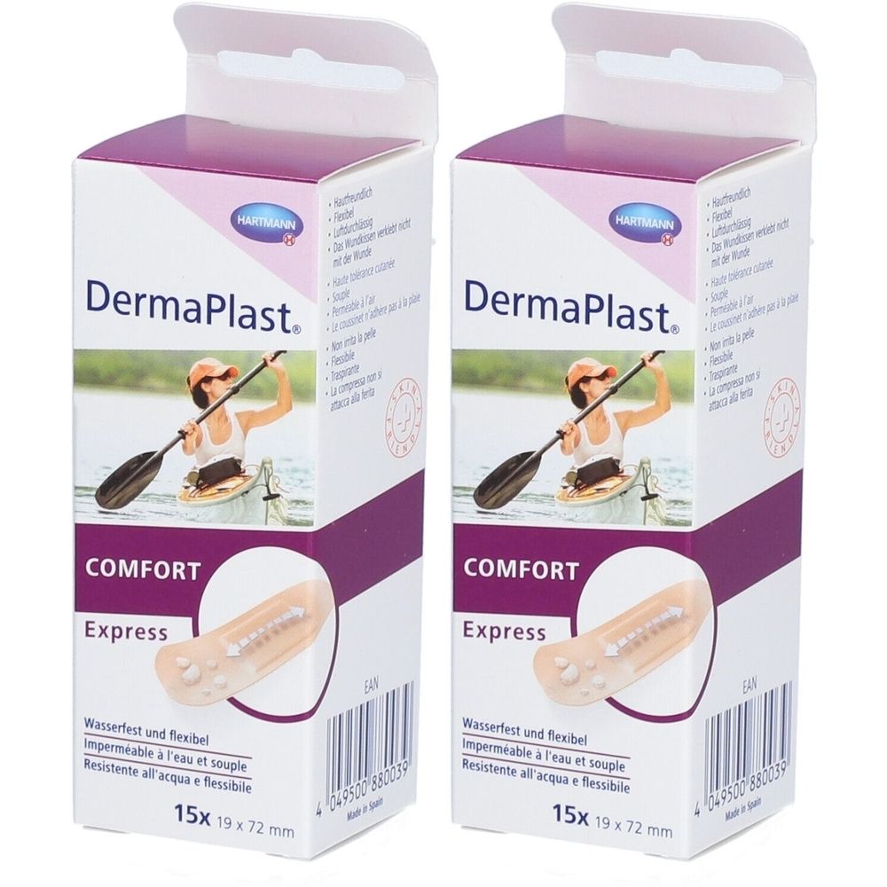Deux boîtes de DermaPlast Comfort Express Strips. Emballage avec image du produit et texte. Taille : 19 x 72 mm, 15 pièces.