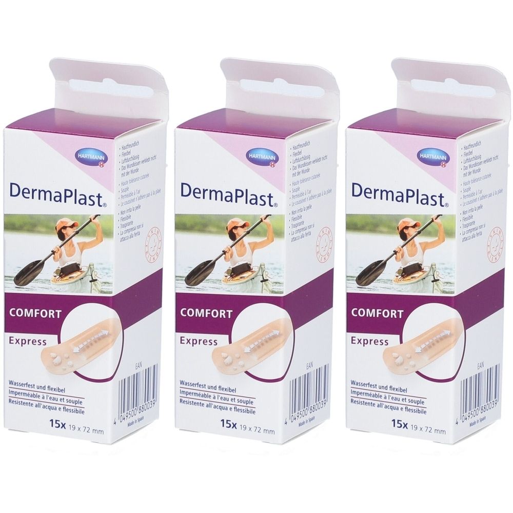 Trois boîtes de pansements. Inscription : DermaPlast Comfort Express. Chaque boîte montre une personne en kayak et contient 15 pansements.