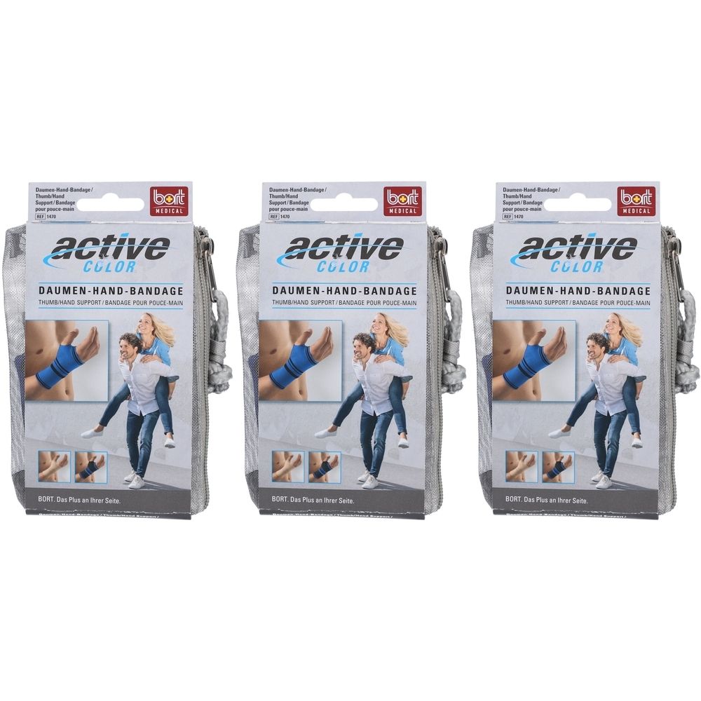 Drei Verpackungen mit Daumen-Hand-Bandage. Aufschrift: active COLOR, Daumen-Hand-Bandage. Abbildung einer Person mit Bandage.