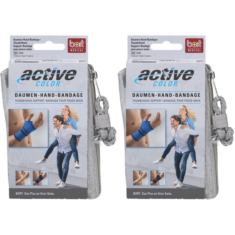 Deux bandages pour pouce et main BORT ActiveColor® Noir, taille S, en emballage individuel.