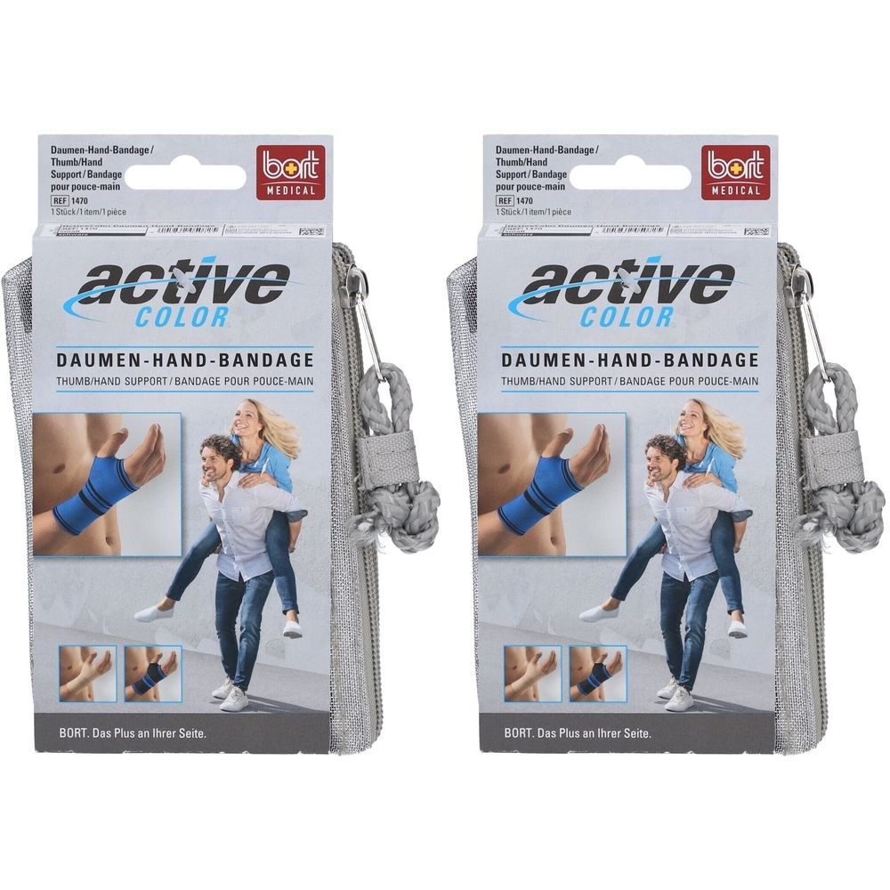 Deux emballages de bandage. Inscription: active COLOR DAUMEN-HAND-BANDAGE. Marque: bort MEDICAL. Sac gris avec cordon.