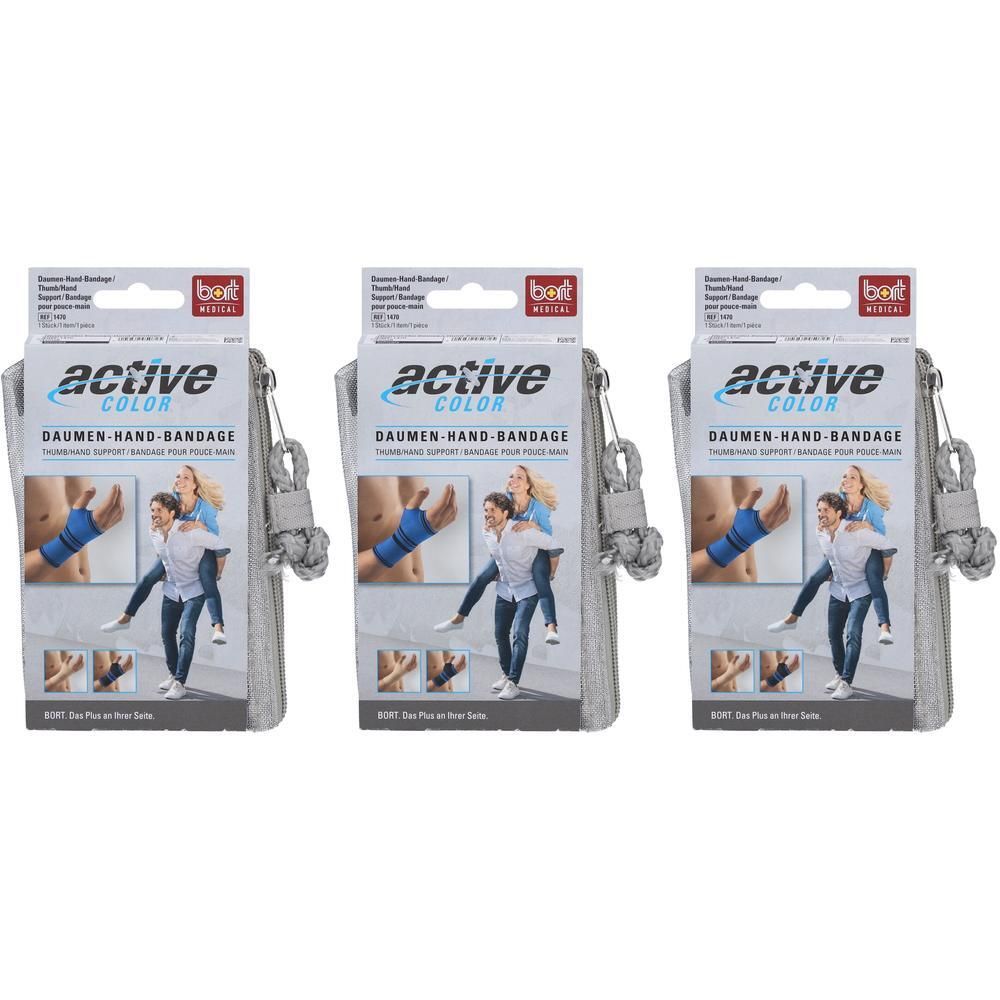Trois paquets de bandages pour pouce et main BORT ActiveColor® Noir, taille S. Chaque paquet montre des exemples d'utilisation.