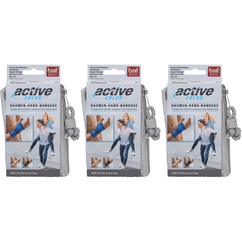 Trois emballages de bandage. Inscription: active COLOR DAUMEN-HAND-BANDAGE. Marque: bort medical. Emballage gris avec boucle de transport.