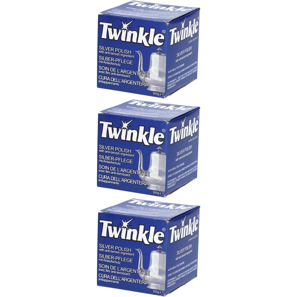 Drei blaue Kartons mit "Twinkle"-Logo und Produktbezeichnungen in mehreren Sprachen. Abgebildet ist ein silberner Gegenstand.