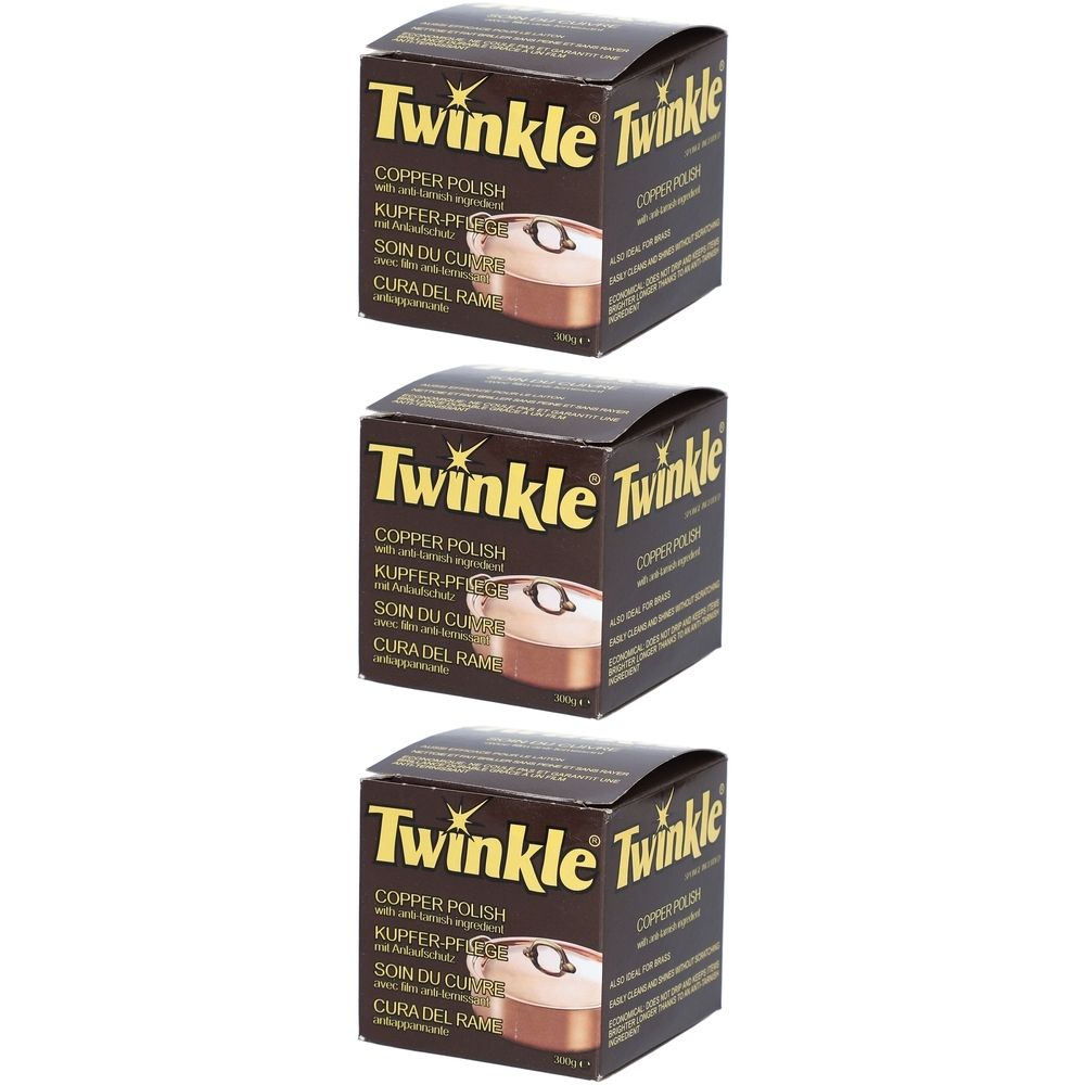 Drei braune Kartons mit dem Produktnamen "Twinkle" und der Aufschrift "Copper Polish".