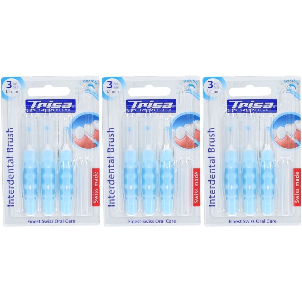 Drei Blisterpackungen mit blauen Interdentalbürsten. Aufschrift: Trisa, Interdental Brush, 3 L, Swiss made.